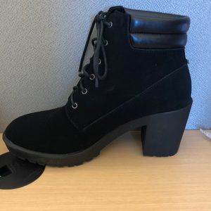 Black Faux Suede Lace Up Lug Boot